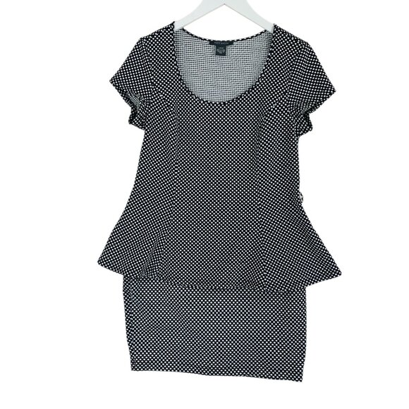 Suzy Shier Black White Polka Dot Peplum Top Blouse Stretch & skirt sz large set - Picture 12 of 16